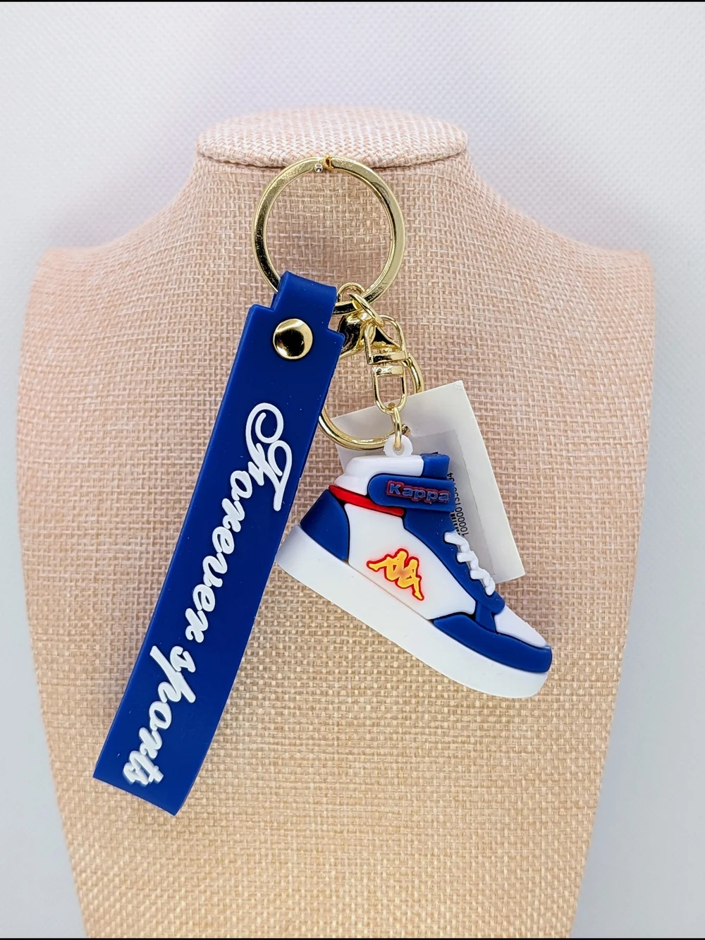 Blue & White Sneaker Keychain Bag Charm With Gold Tone Hardware